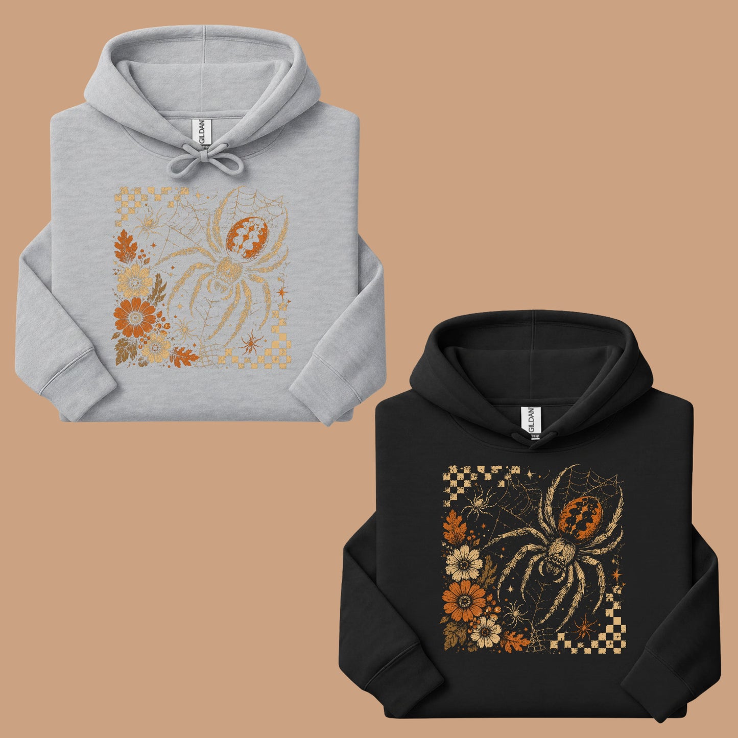 Vintage Fall Halloween Spider T-Shirt, Floral Spiderweb Checkered Spooky Season Tee