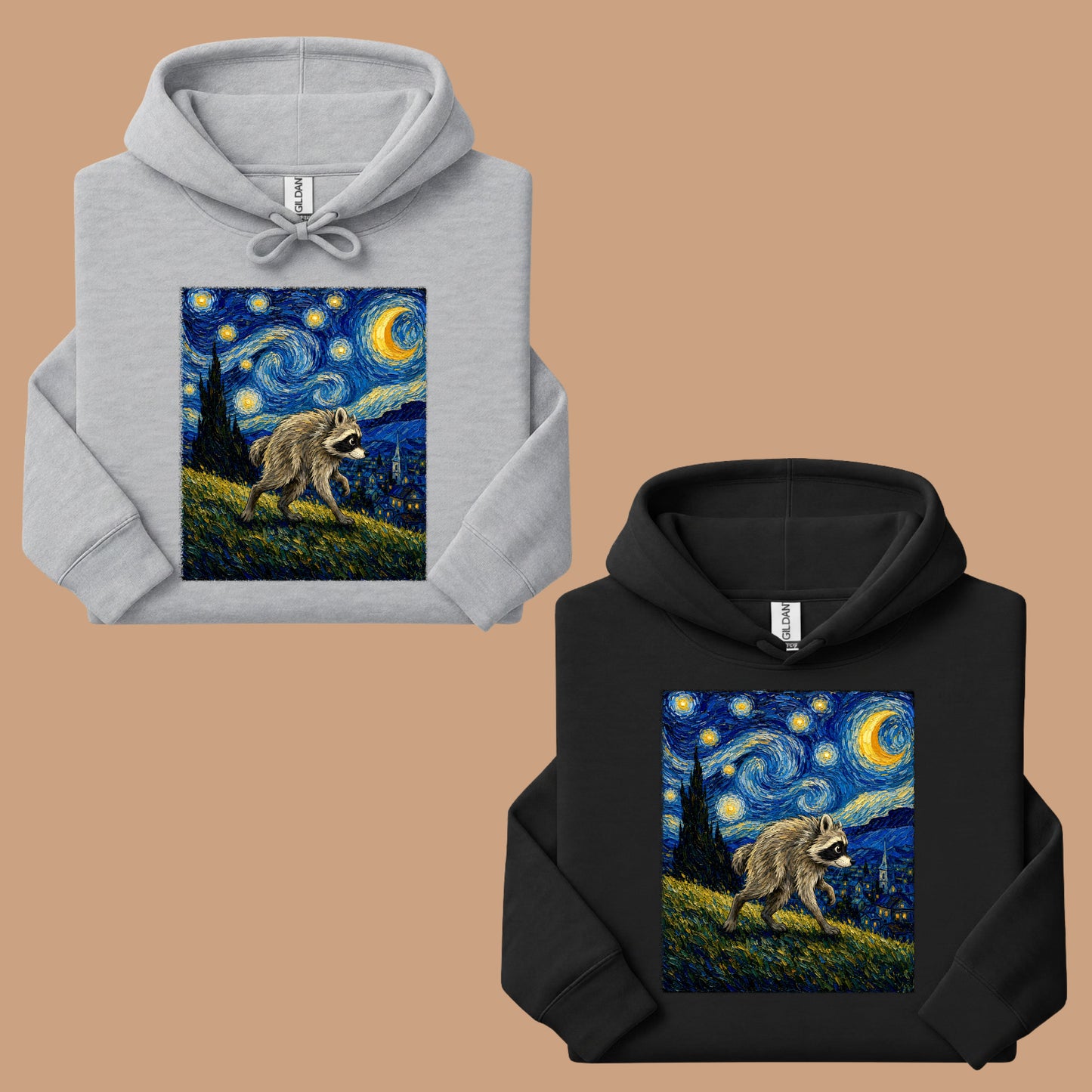 Starry Night Raccoon T-Shirt, Van Gogh Style Oil Painting Funny Wildlife Art Tee