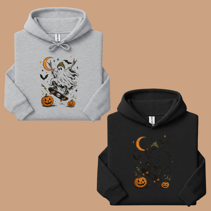 Halloween Skater Ghost Rock On T-Shirt, Skateboarding Skeleton Crescent Moon Pumpkins Bats Tee