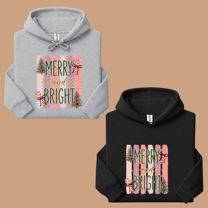 Merry and Bright Comfort Colors T Shirts Cute Christmas Tree Tees Pink Candy Cane Shirt Festive Holiday Winter Graphic Hoodie