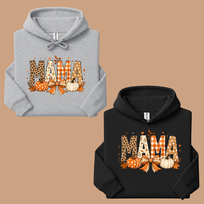 Fall Mama Pumpkin Leopard Plaid T-Shirt, Varsity Letters Autumn Leaves Bow Thanksgiving Mom Tee