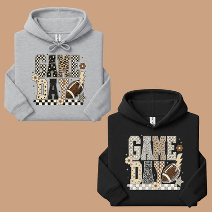 Game Day Leopard Football T-Shirt, Checkered Lightning Bolt Retro Western Tee Sweatshirt