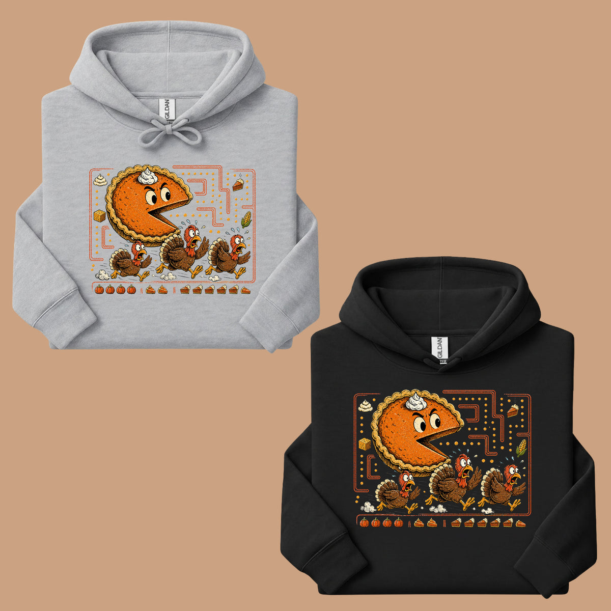 Funny Thanksgiving Pacman Pumpkin Pie T-Shirt, Chasing Turkeys Maze Video Game Tee