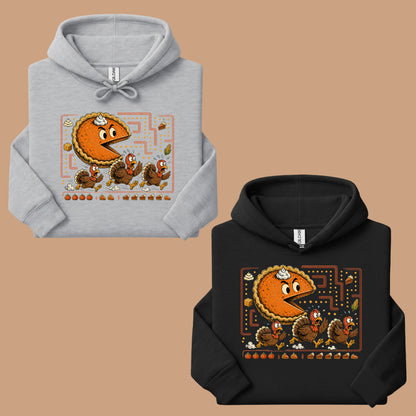 Funny Thanksgiving Pacman Pumpkin Pie T-Shirt, Chasing Turkeys Maze Video Game Tee