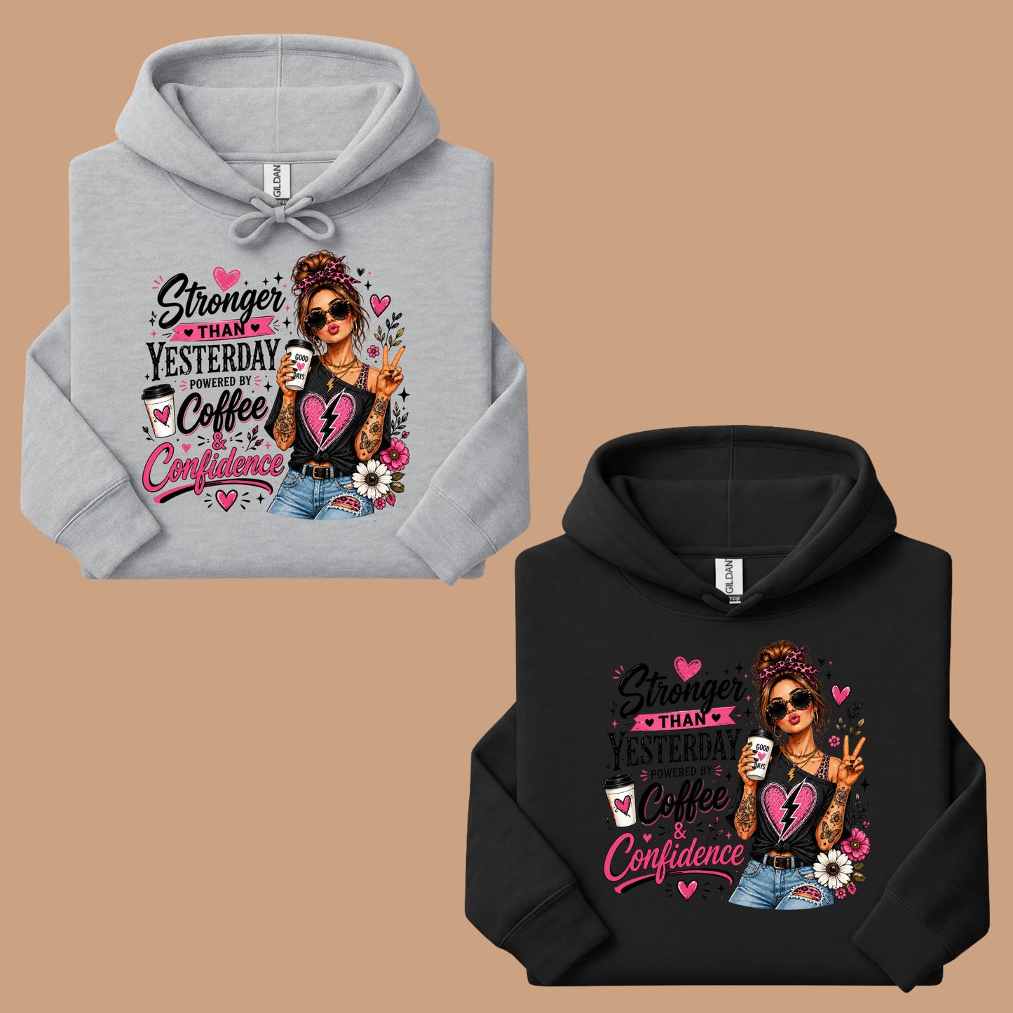 Stronger Than Yesterday Messy Bun Coffee Girl T-Shirt, Pink Hearts Inspirational Tee