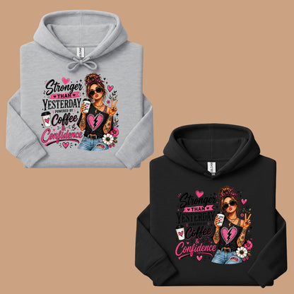 Stronger Than Yesterday Messy Bun Coffee Girl T-Shirt, Pink Hearts Inspirational Tee
