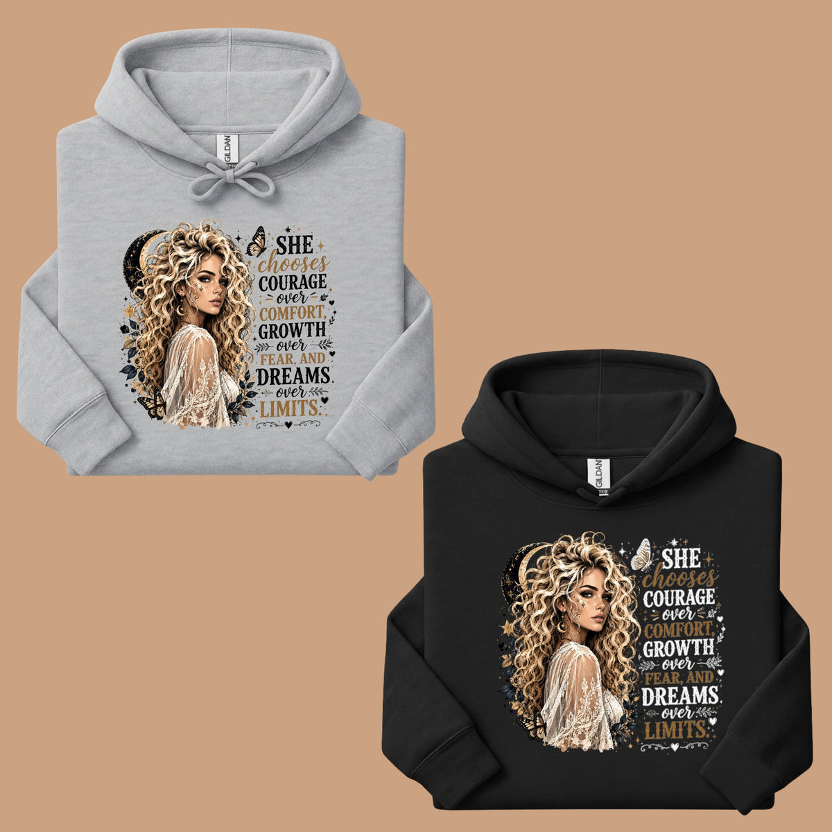 She Chooses Courage Inspirational T-Shirt, Blonde Woman Butterfly Crescent Moon Tee Sweatshirt