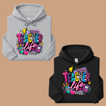 Retro Neon Teacher Life T-Shirt, Colorful Doodle Graffiti Checkerboard Sunglasses Back to School Tee