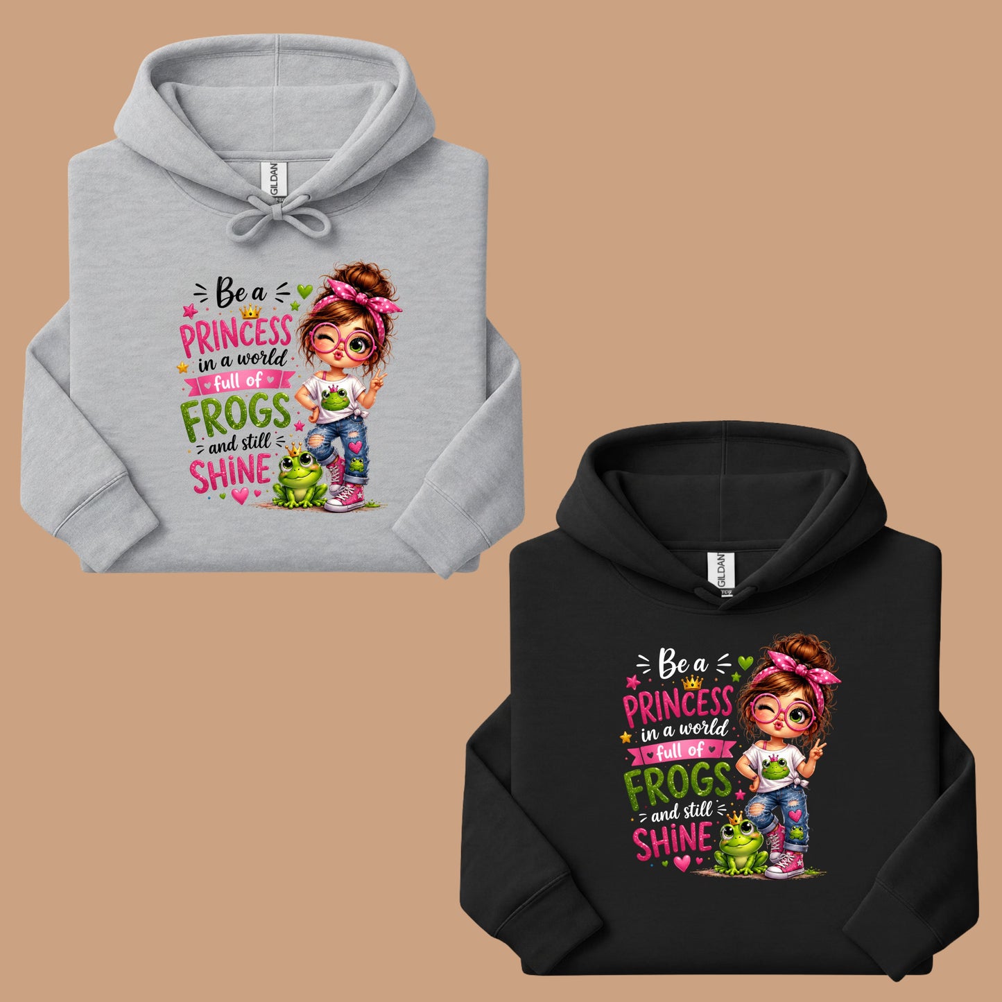 Be a Princess Frog Girl T-Shirt, Cute Messy Bun Pink Green Quote Tee