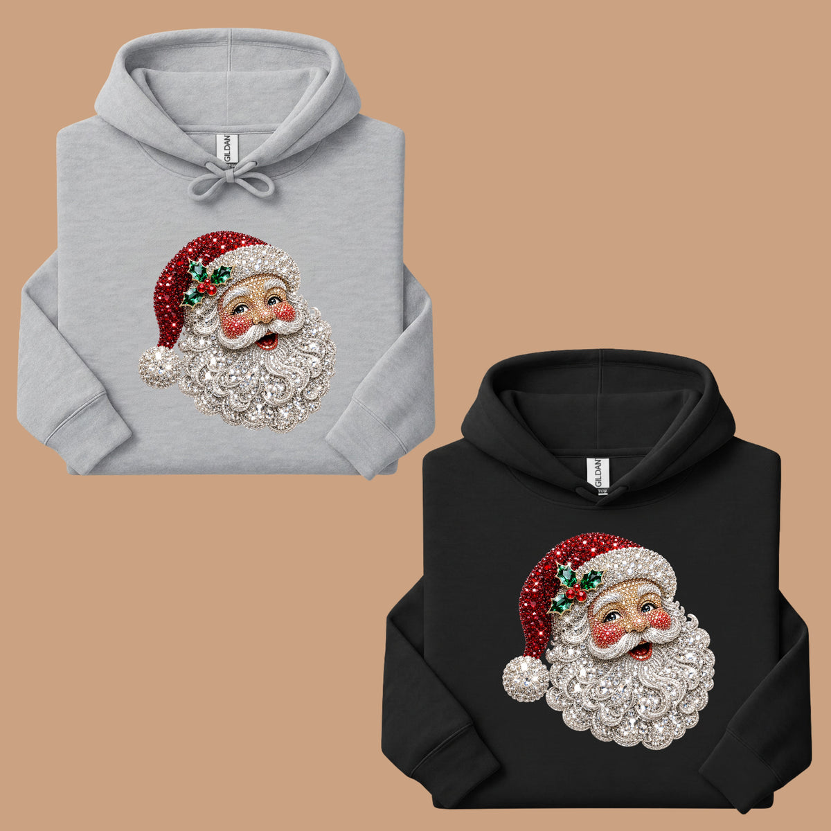 Christmas Santa Claus Vintage T-Shirt, Bejeweled Rhinestone Santa Head Festive Holiday Tee