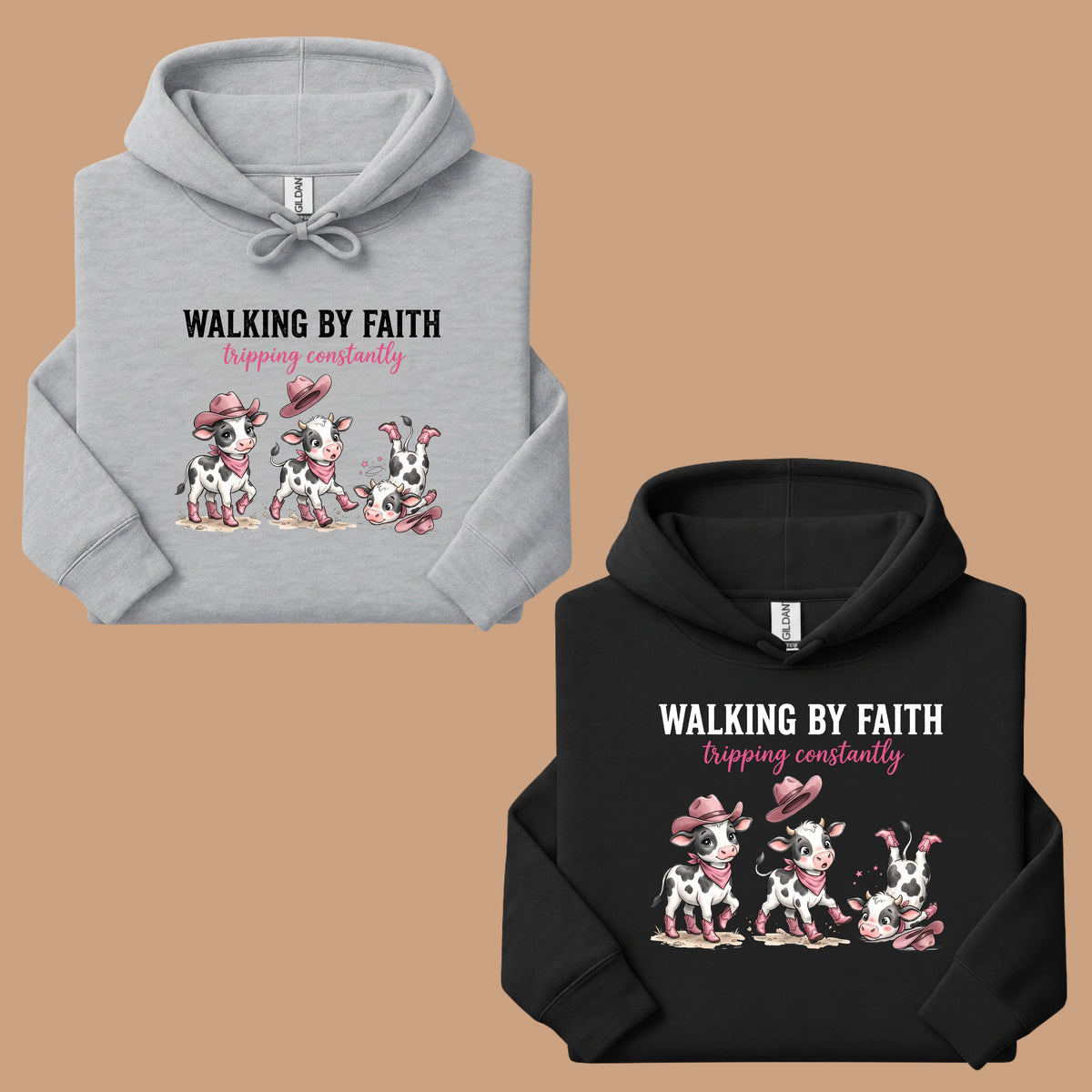 Funny Western Cow Walking by Faith T-Shirt, Pink Cowboy Boots Christian Humor Tee