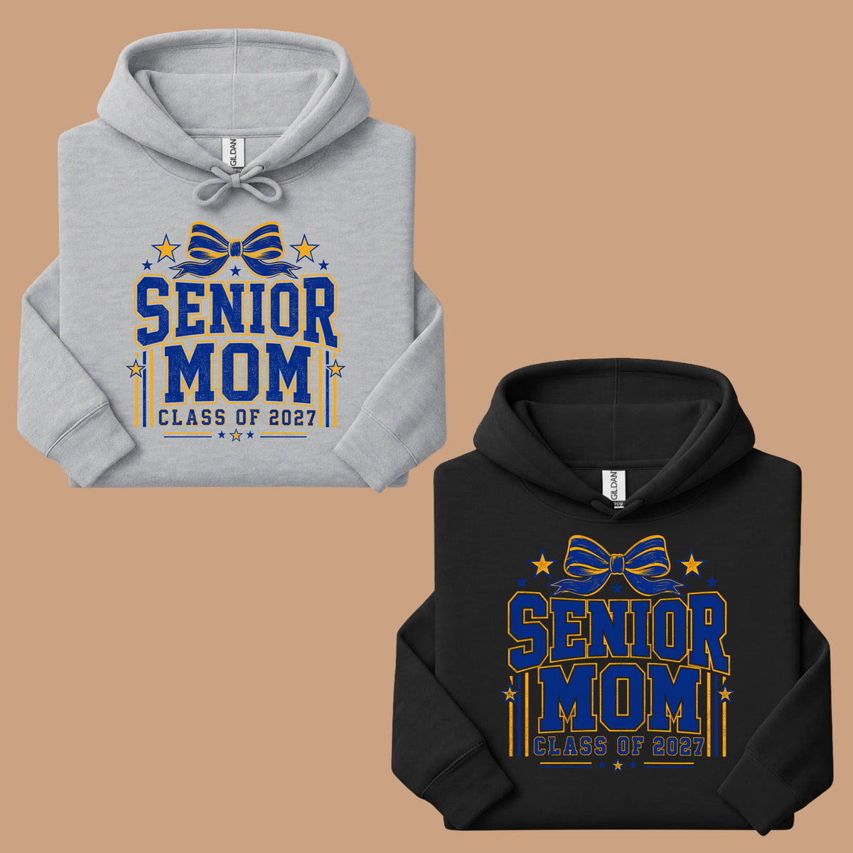 Senior Mom 2027 Royal Blue Yellow Cheer Bow T-Shirt, Varsity Graduation Mother Tee