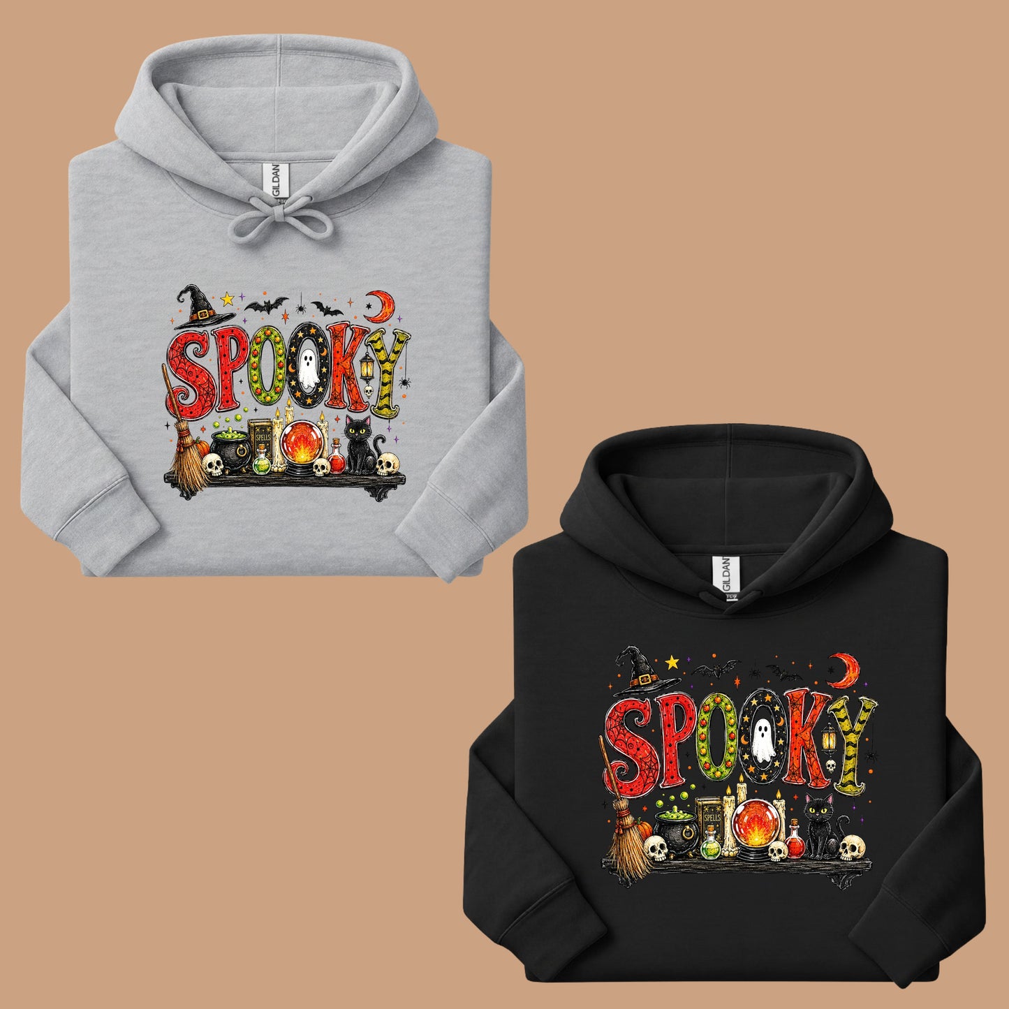 Halloween Witch Shelf Black Cat T-Shirt, Crystal Ball Cauldron Potion Skull Spooky Tee