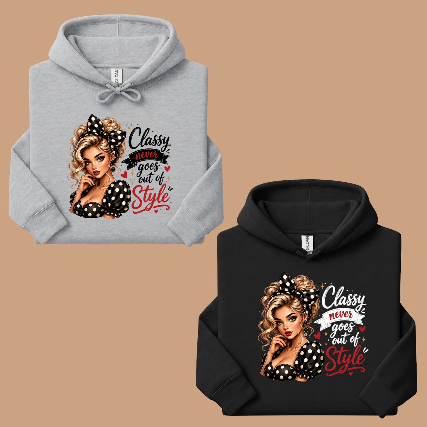 Classy Never Goes Out of Style Pinup Girl T-Shirt, Vintage Polka Dot Bow Tee Sweatshirt