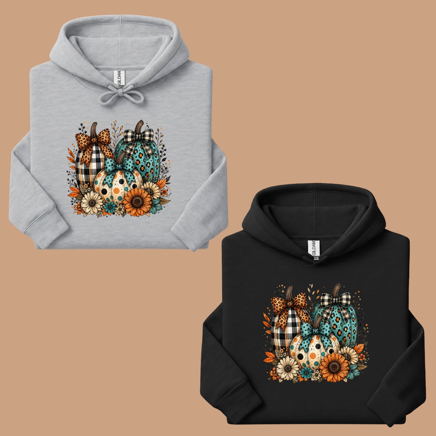 Fall Leopard Plaid Pumpkins T-Shirt, Teal Orange Floral Thanksgiving Tee