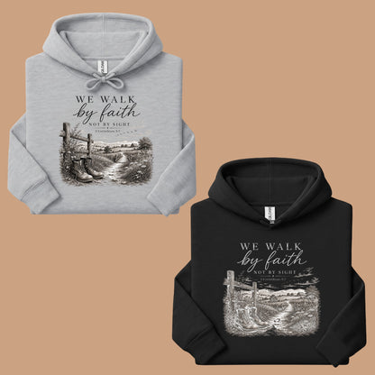 We Walk by Faith Not by Sight Christian T-Shirt, 2 Corinthians 5:7 Boots Country Road Tee