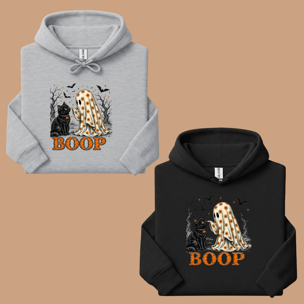 Halloween Cute Ghost Boop Black Cat T-Shirt, Floral Sheet Bats Spooky Season Tee