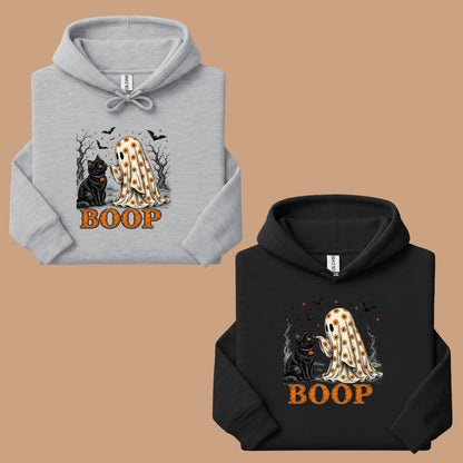 Halloween Cute Ghost Boop Black Cat T-Shirt, Floral Sheet Bats Spooky Season Tee