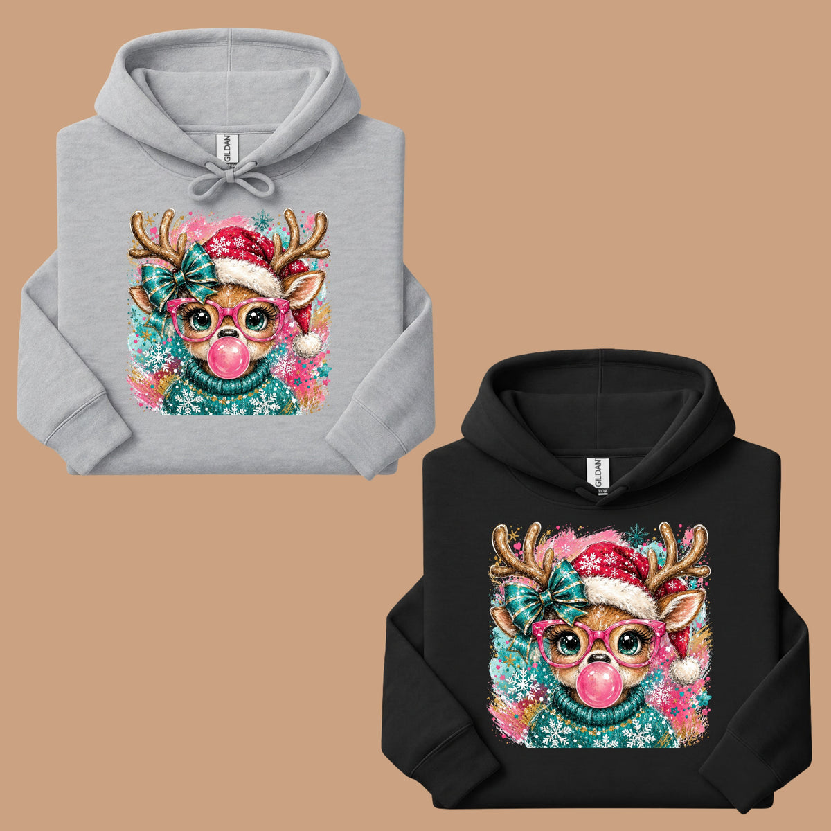 Christmas Reindeer Pink Glasses T-Shirt, Bubblegum Deer Santa Hat Cute Comfort Color Tee