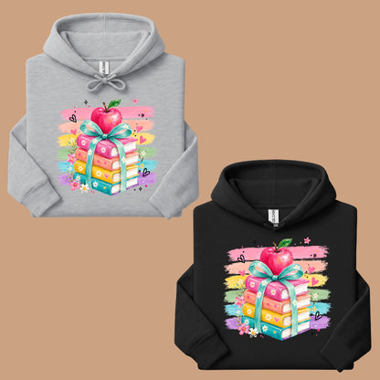 Coquette Stacked Books Teacher T-Shirt, Apple Ribbon Colorful Brushstrokes Comfort Color Tee