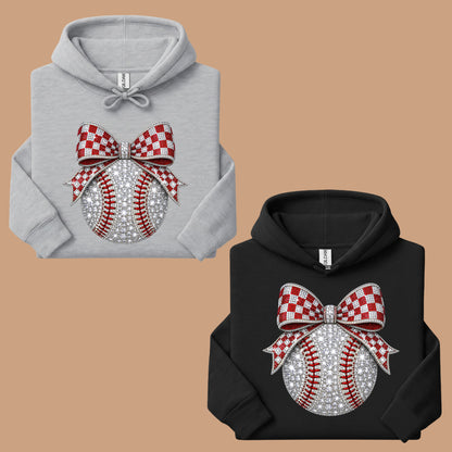 Coquette Baseball Sparkle T-Shirt, Red Checkered Bow Sports Mom Girl Tee