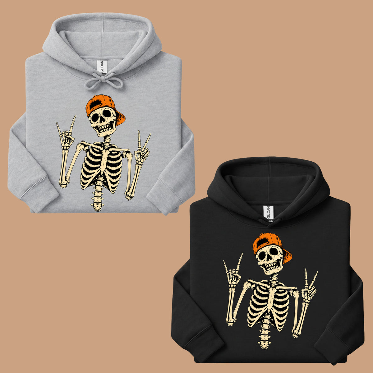 Cool Skeleton Rock On T-Shirt, Peace Sign Halloween Orange Hat Spooky Tee