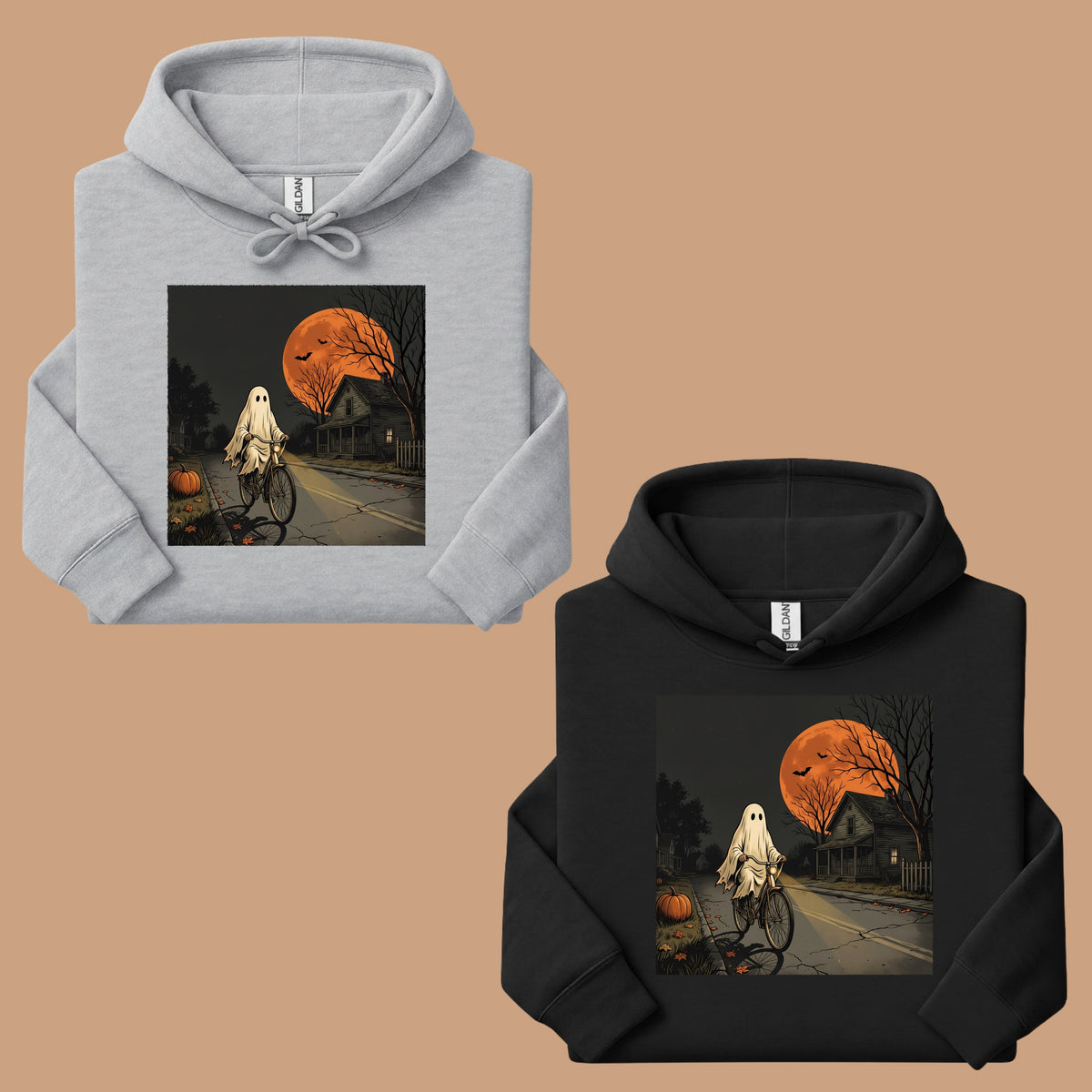 Ghost Riding Bike Halloween T-Shirt, Haunted House Orange Harvest Moon Tee Sweatshirt