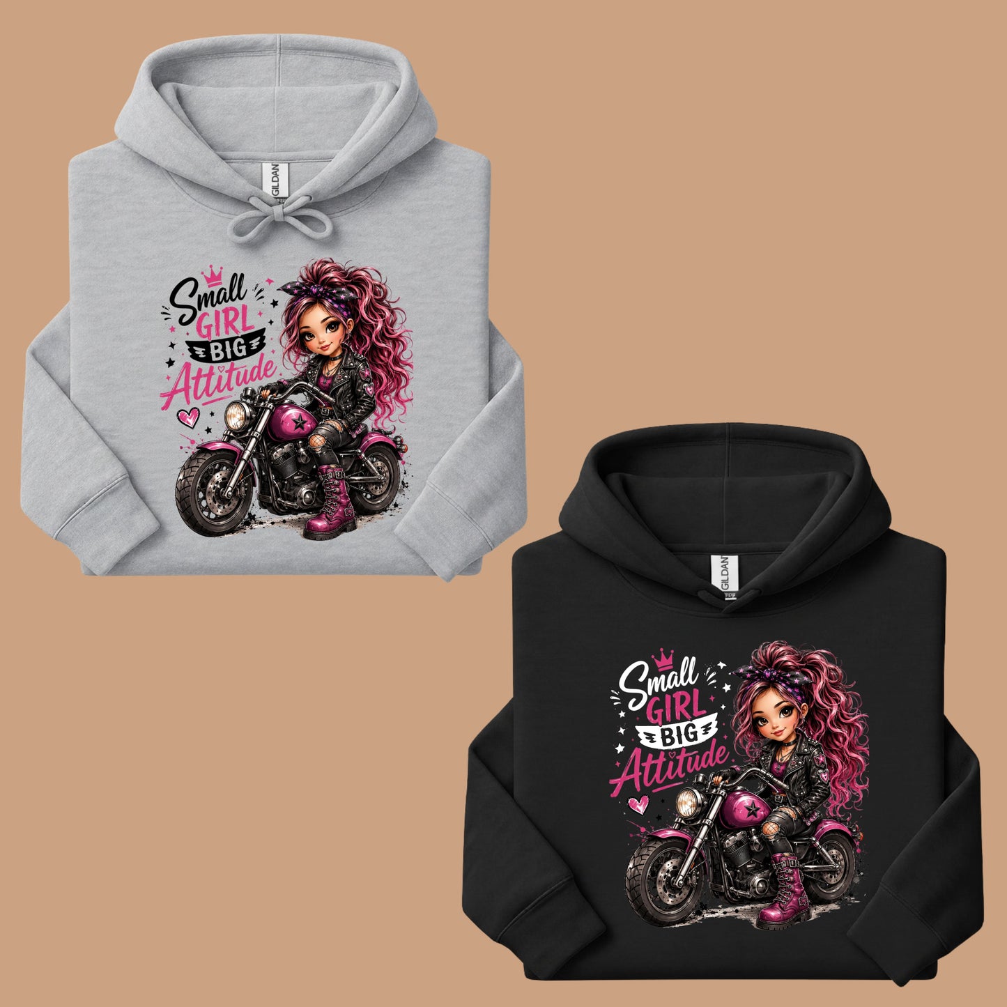 Small Girl Big Attitude Biker Girl T-Shirt, Pink Motorcycle Cute Rocker Tee