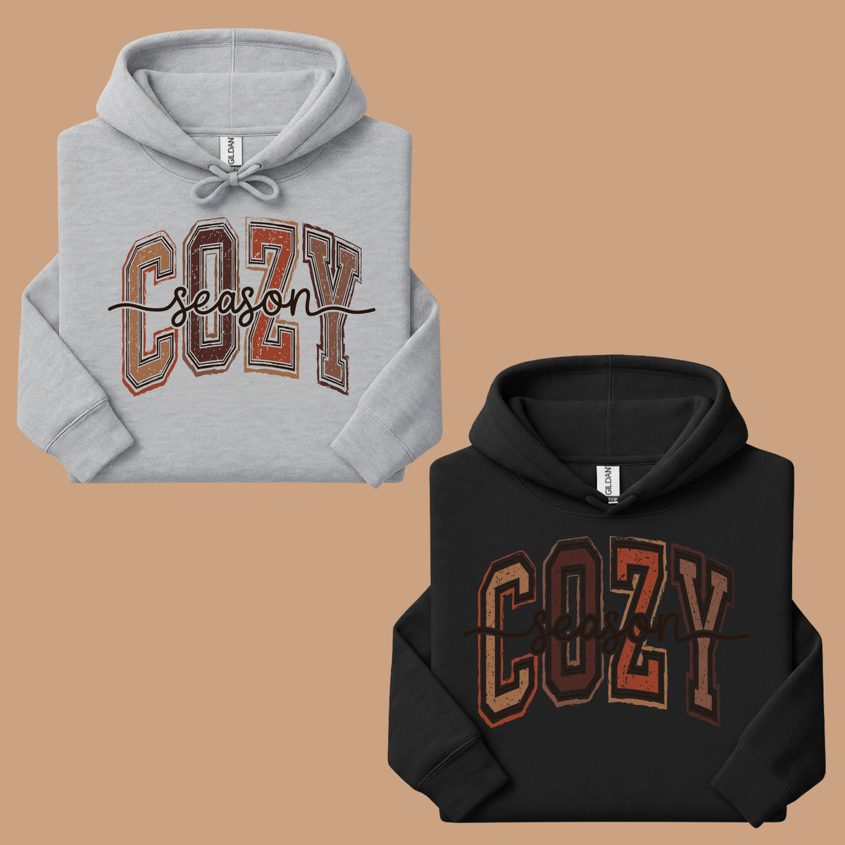 Cozy Season Fall T-Shirt, Distressed Varsity Letters Autumn Neutral Tones Tee