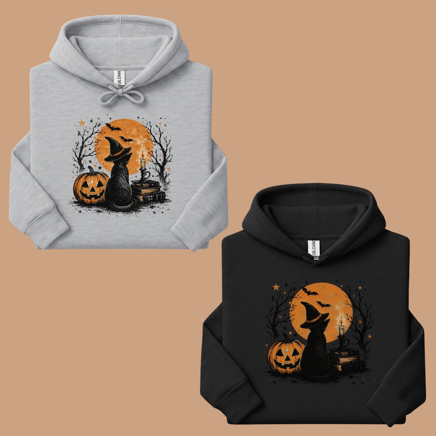 Halloween Black Cat Witch T-Shirt, Full Moon Pumpkin Spooky Vintage Books Magic Tee