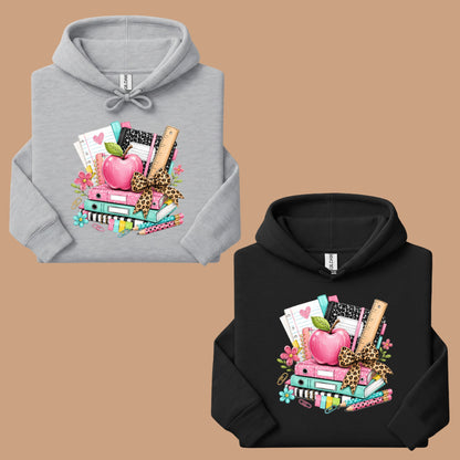 Pink Apple School Supplies T-Shirt, Books Leopard Bow Back to School Teacher Tee