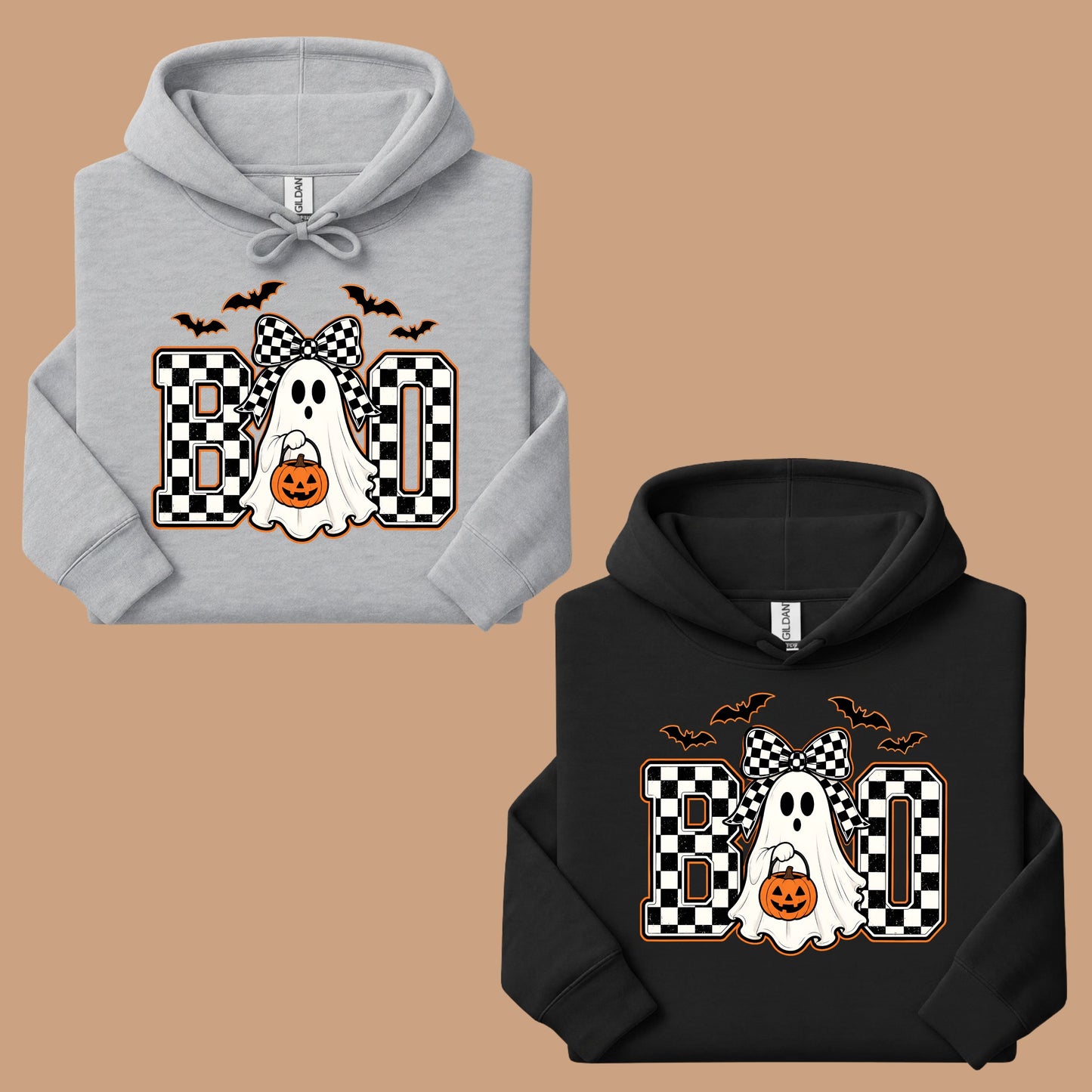 Boo Checkered Bow Ghost Halloween T-Shirt, Pumpkin Bucket Bats Retro Tee Sweatshirt