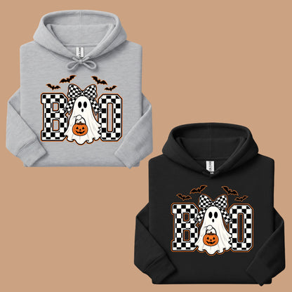 Boo Checkered Bow Ghost Halloween T-Shirt, Pumpkin Bucket Bats Retro Tee Sweatshirt