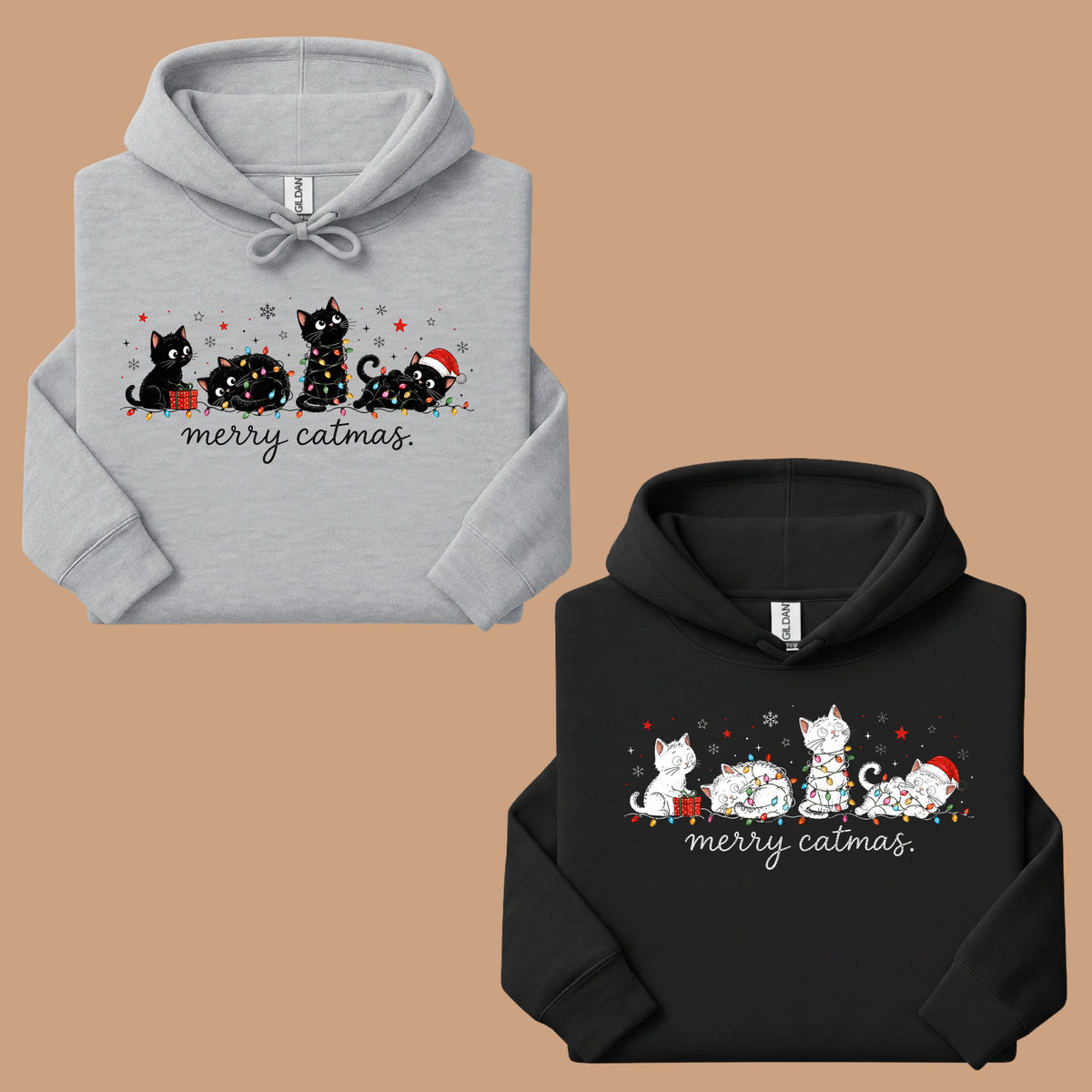 Merry Catmas Black Cats Christmas T-Shirt, Christmas Lights Black Kittens Cat Lover Tee