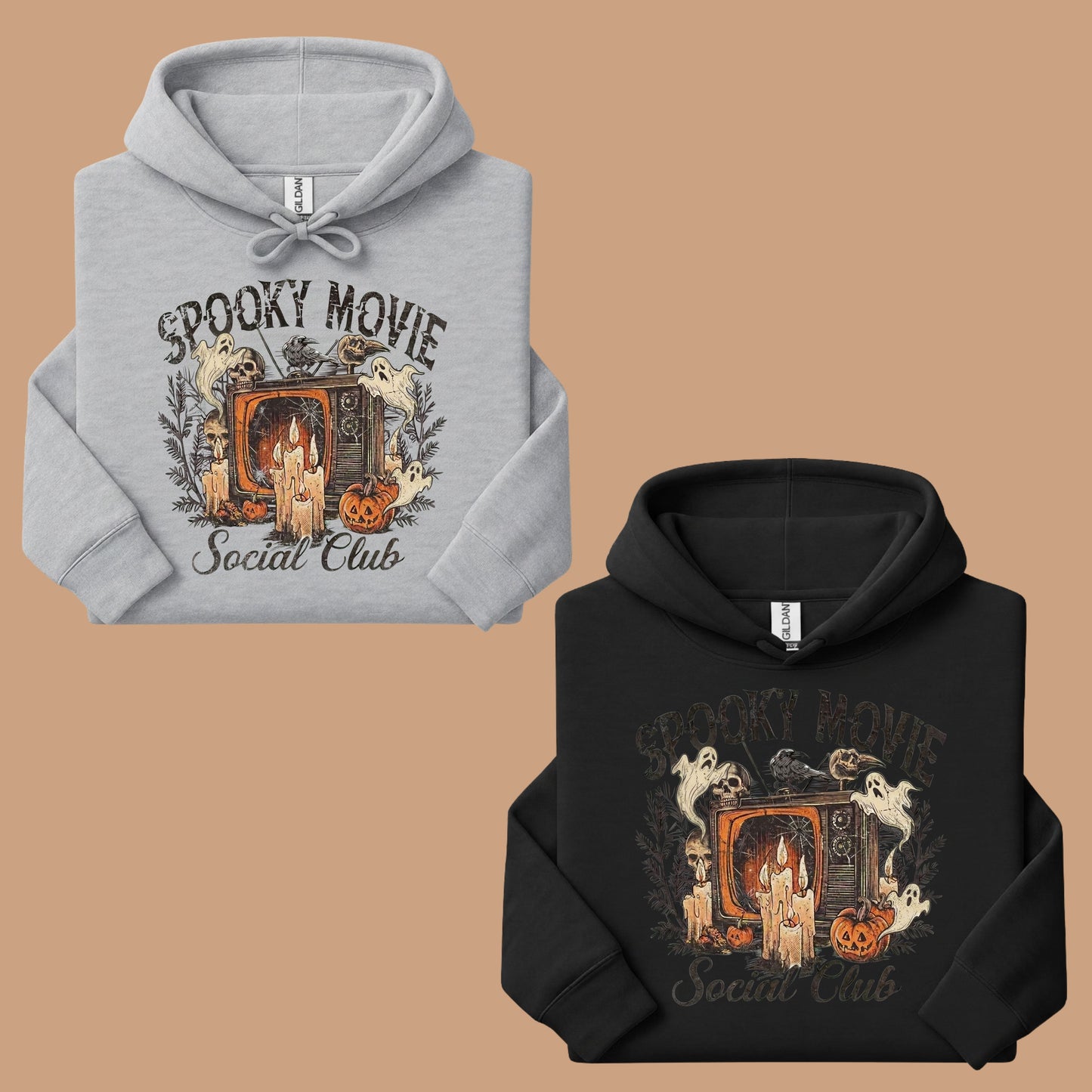 Spooky Movie Social Club Vintage Horror T-Shirt, Ghosts Pumpkin Candles Halloween Tee
