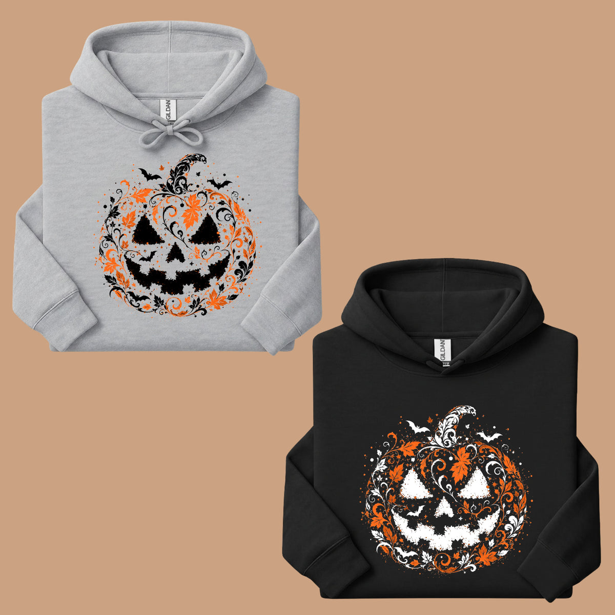 Halloween Pumpkin Face Floral Swirl Gothic T-Shirt, Intricate Spooky Pumpkin Tee