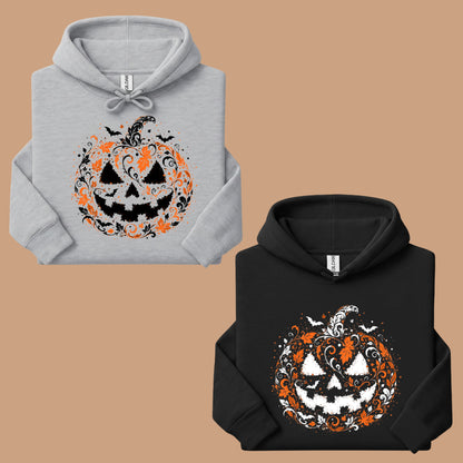 Halloween Pumpkin Face Floral Swirl Gothic T-Shirt, Intricate Spooky Pumpkin Tee