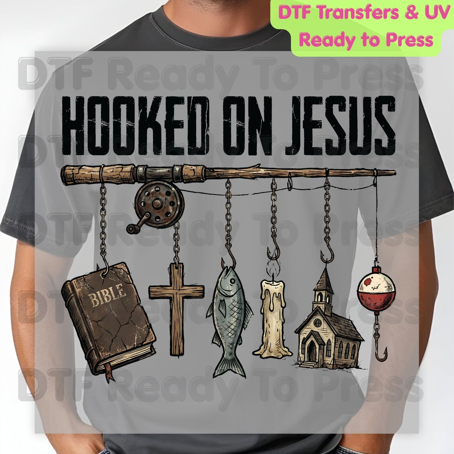 Hooked On Jesus DTF Transfer Ready to Press Christian Fishing Retro Faith Cross Heat Transfer For Shirts Religious Bible UV Sticker Prints