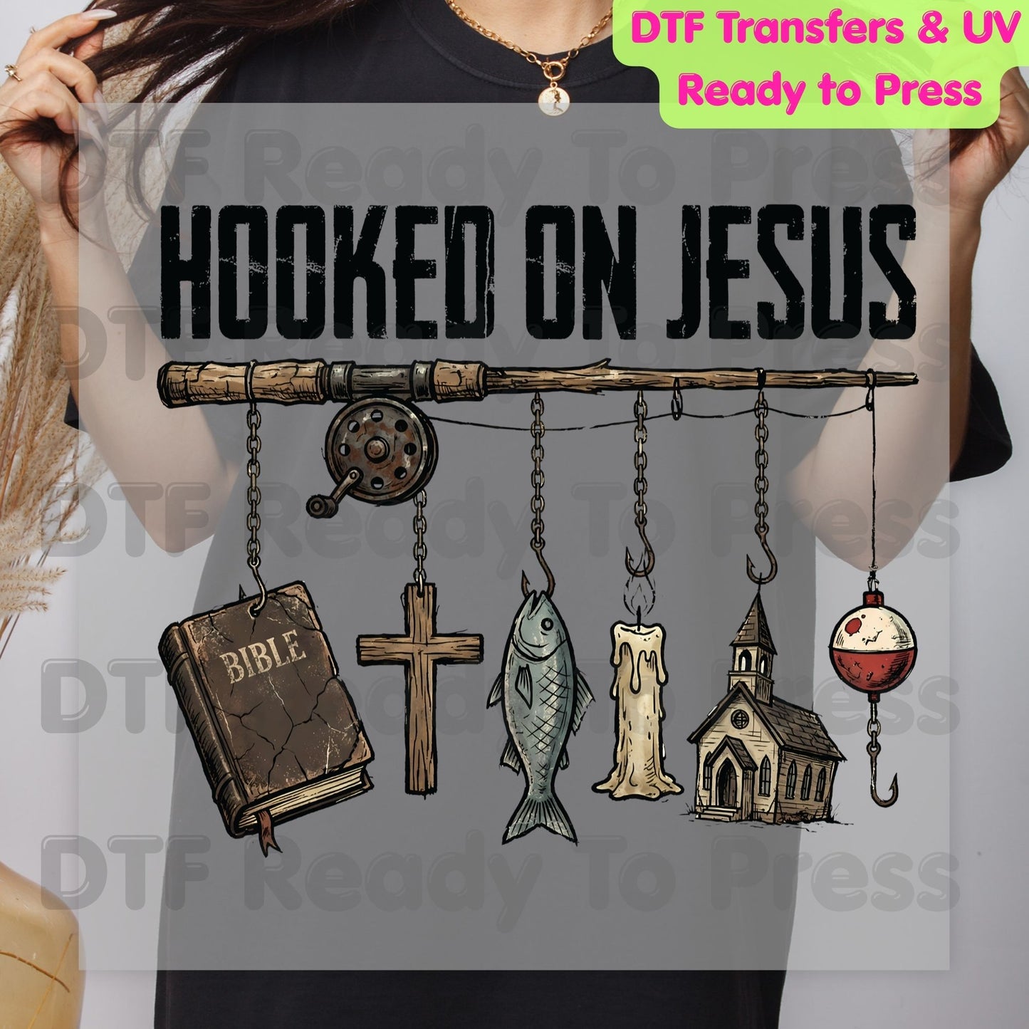 Hooked On Jesus DTF Transfer Ready to Press Christian Fishing Retro Faith Cross Heat Transfer For Shirts Religious Bible UV Sticker Prints