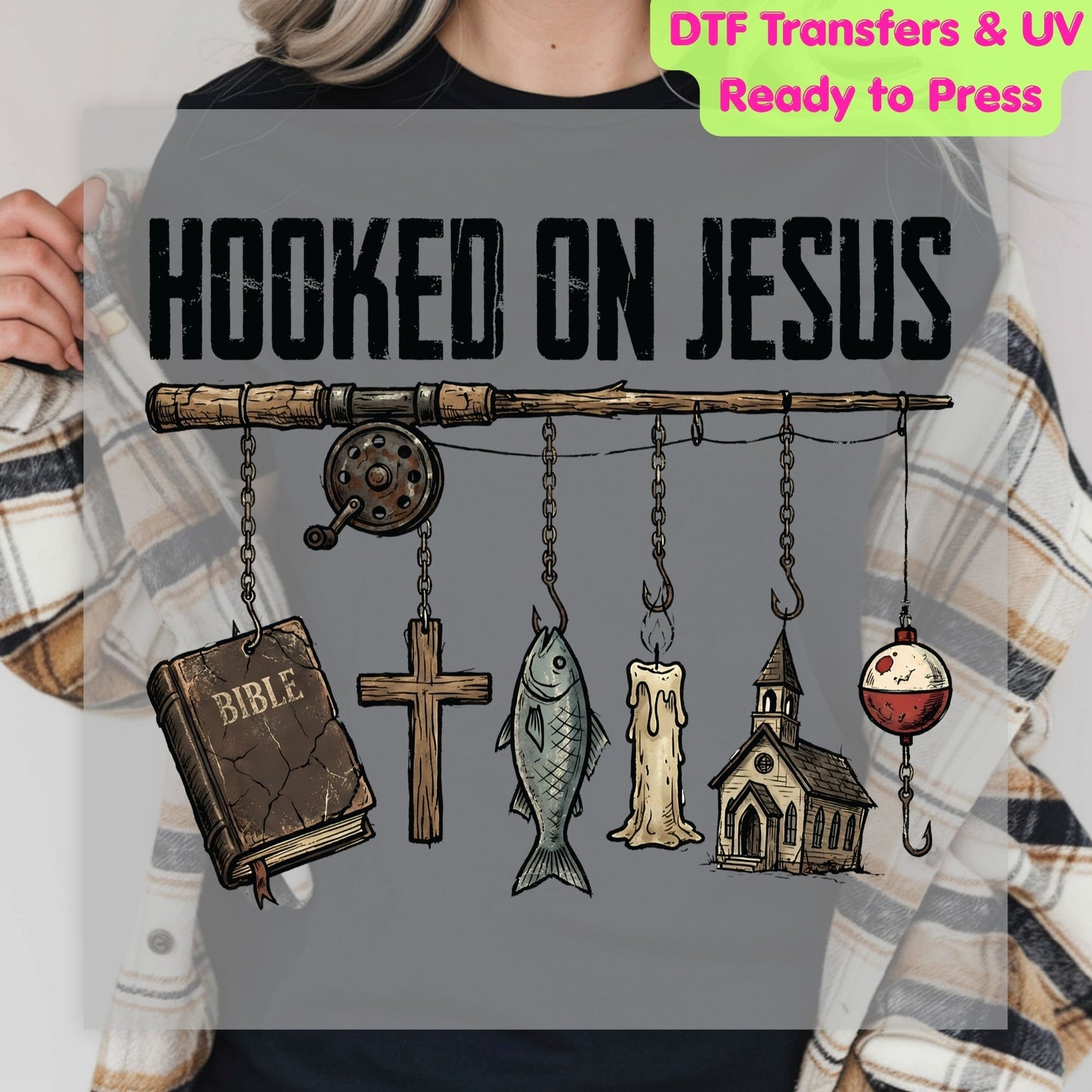 Hooked On Jesus DTF Transfer Ready to Press Christian Fishing Retro Faith Cross Heat Transfer For Shirts Religious Bible UV Sticker Prints