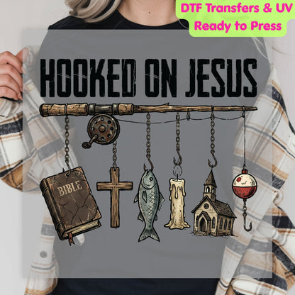 Hooked On Jesus DTF Transfer Ready to Press Christian Fishing Retro Faith Cross Heat Transfer For Shirts Religious Bible UV Sticker Prints