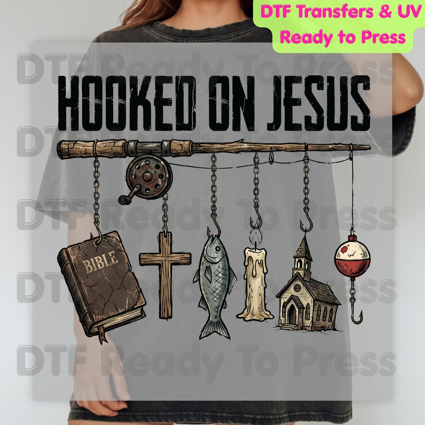Hooked On Jesus DTF Transfer Ready to Press Christian Fishing Retro Faith Cross Heat Transfer For Shirts Religious Bible UV Sticker Prints