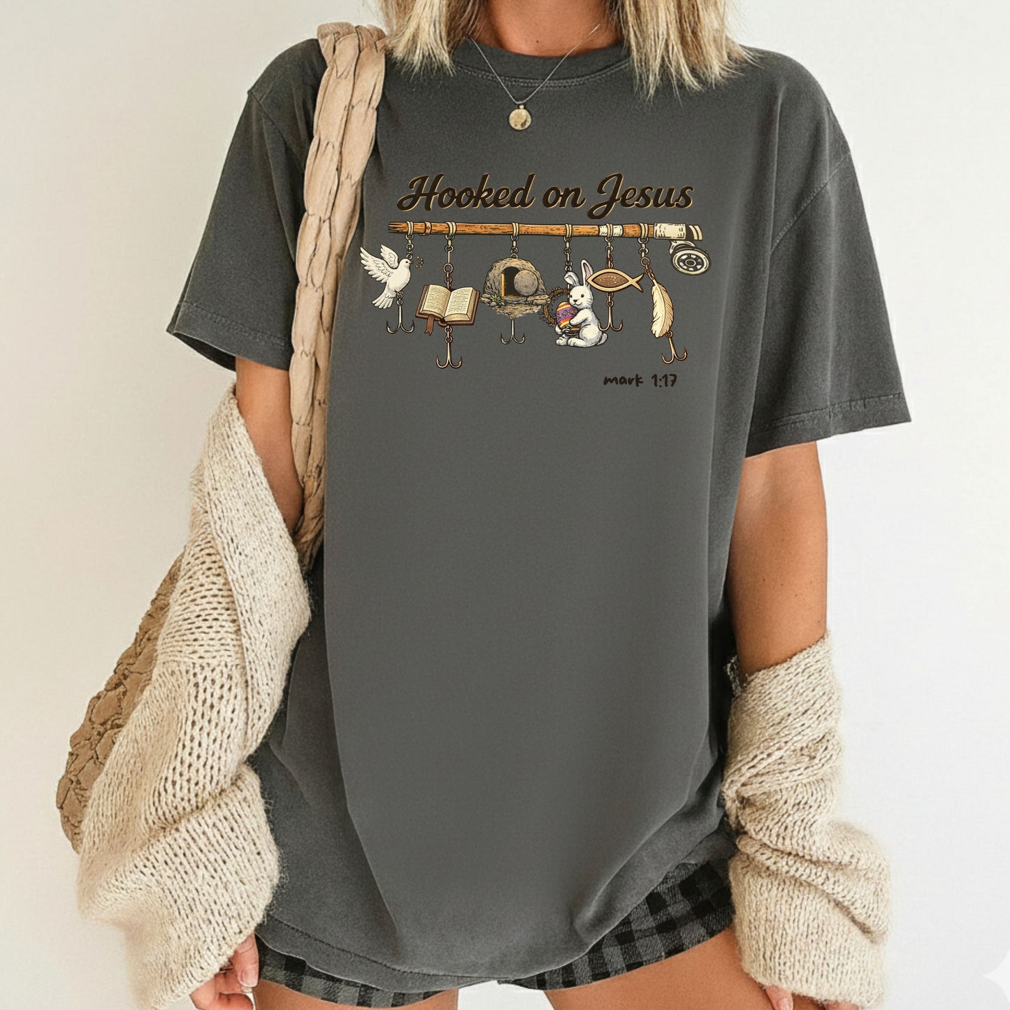 Hooked on Jesus Comfort Colors T Shirt Christian Easter Bible Verse Tees Jesus Faith Apparel Tank Top Religious Long Sleeve Gifts