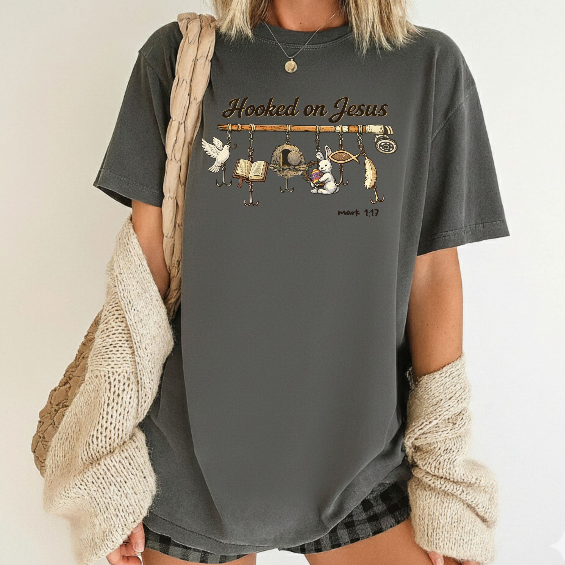 Hooked on Jesus Comfort Colors T Shirt Christian Easter Bible Verse Tees Jesus Faith Apparel Tank Top Religious Long Sleeve Gifts