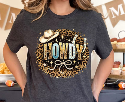 Howdy T Shirt Adult Youth Toddler Baby Leopard Cheetah Print Western Graphic Tee Cowboy Hat Pearl Bow Retro Rodeo Country Girl Aesthetic Gift