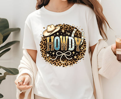 Howdy T Shirt Adult Youth Toddler Baby Leopard Cheetah Print Western Graphic Tee Cowboy Hat Pearl Bow Retro Rodeo Country Girl Aesthetic Gift