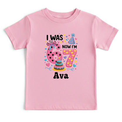 I Was 6 Now I Am 7 Shirt Personalized Girl 7th Birthday Toddler Tee Custom Name Seven Year Old Kids Birthday Outfit Childrens Gift