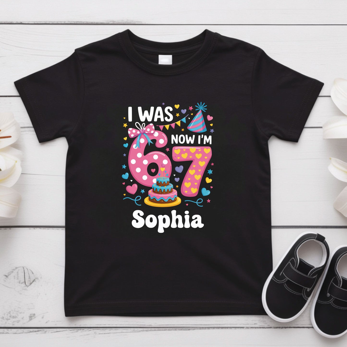 I Was 6 Now I Am 7 Shirt Personalized Girl 7th Birthday Toddler Tee Custom Name Seven Year Old Kids Birthday Outfit Childrens Gift