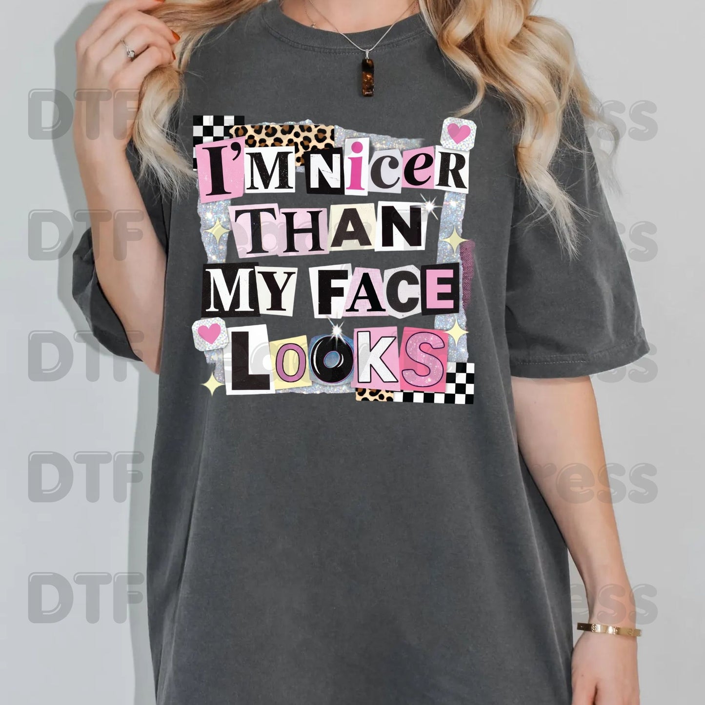 I’m Nicer Than My Face Looks DTF Transfer Ready to Press Retro Ransom Note Leopard Pink Heat Transfer For Shirts Funny Sarcastic UV Sticker Prints