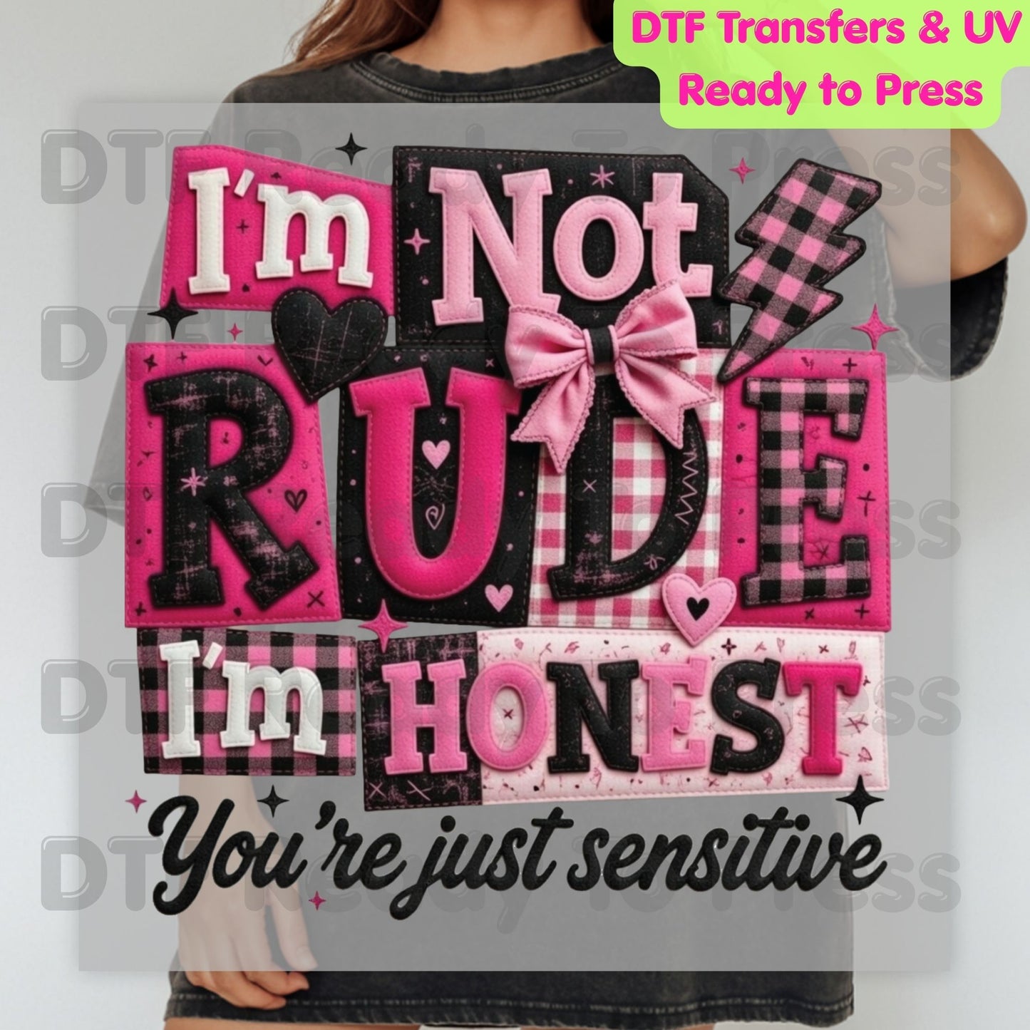 I’m Not Rude I’m Honest DTF Transfer Ready to Press Pink Gingham Bow Retro Sarcastic Heat Transfer For Shirts Funny Quote UV Sticker Prints